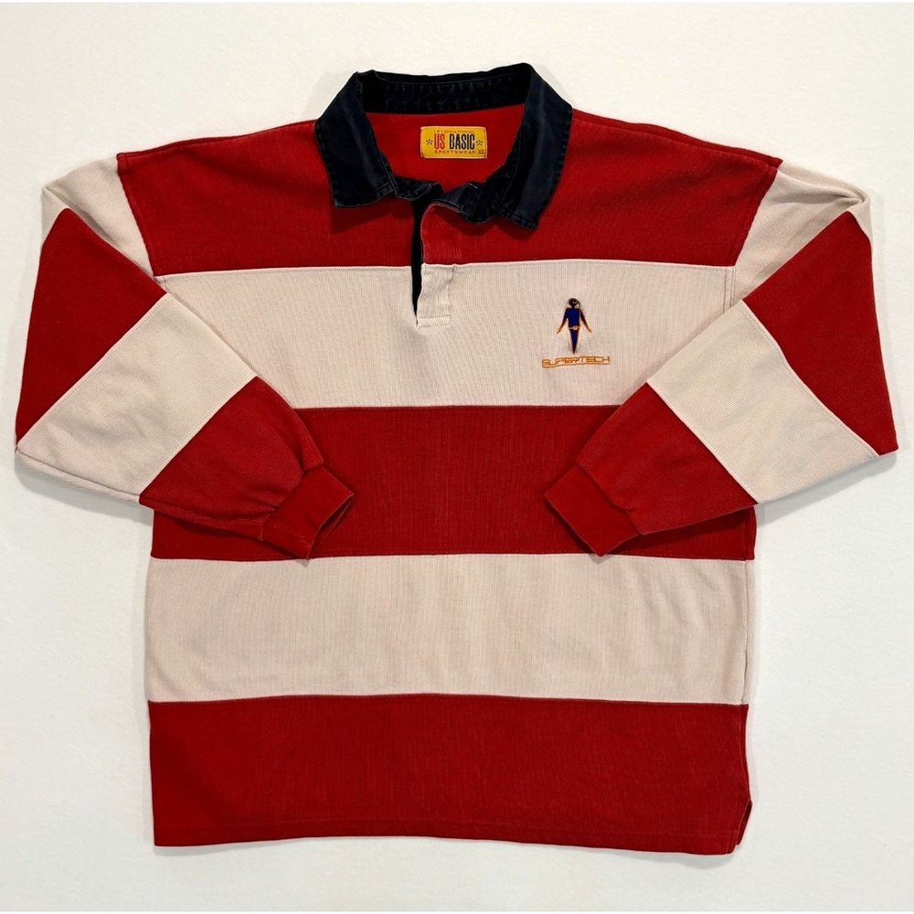 Vintage 90s US Basic Men's XL Red/White Striped Long Sleeve Rugby Polo Shirt
